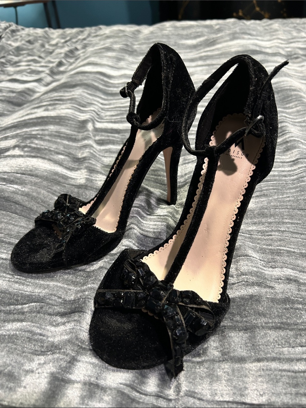 Madison Black Velvet T-Strap Heels with Bow Accent
